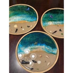 Handmade Resin Beach Tray Ocean Vibes ‎ Epoxy Art   Decor Lot Of 3